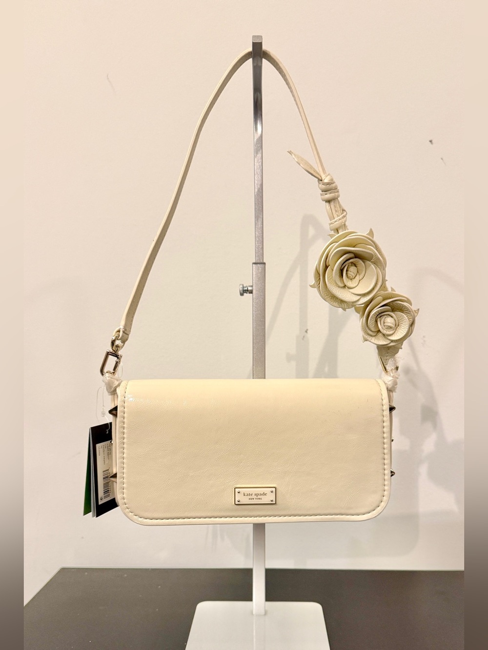 kate spade Cream Liv Crinkle Leather Crossbody with Floral Rose Strap